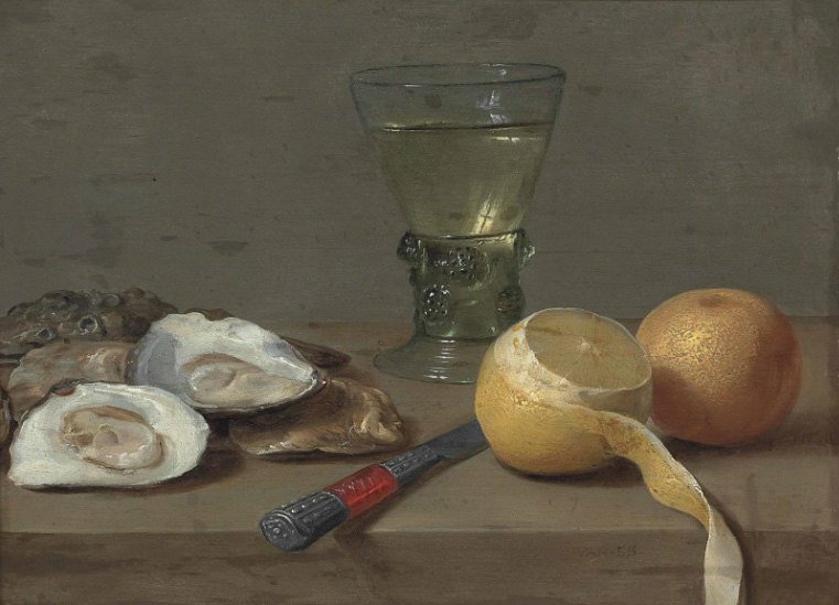 Jacob Foppens van Es, Jacob Foppens van Es (?Antwerp c. 1596-1666 Antwerp) Oysters, a roemer, a partly peeled lemon, an orange and a knife on a stone ledge