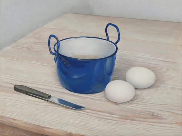 Jan Boon, Stilleven met eieren, mes en blauw emaille pannetje, 1944