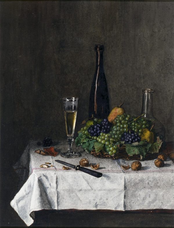 Léon Bonvin, Still Life: Basket of Grapes, Walnuts, and Knife, 1863