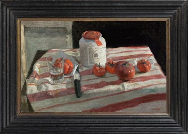 GEORGE WEISSBORT (1928-2013) Still life with mustard jar, tomatoes, knife and glass on a striped tablecloth